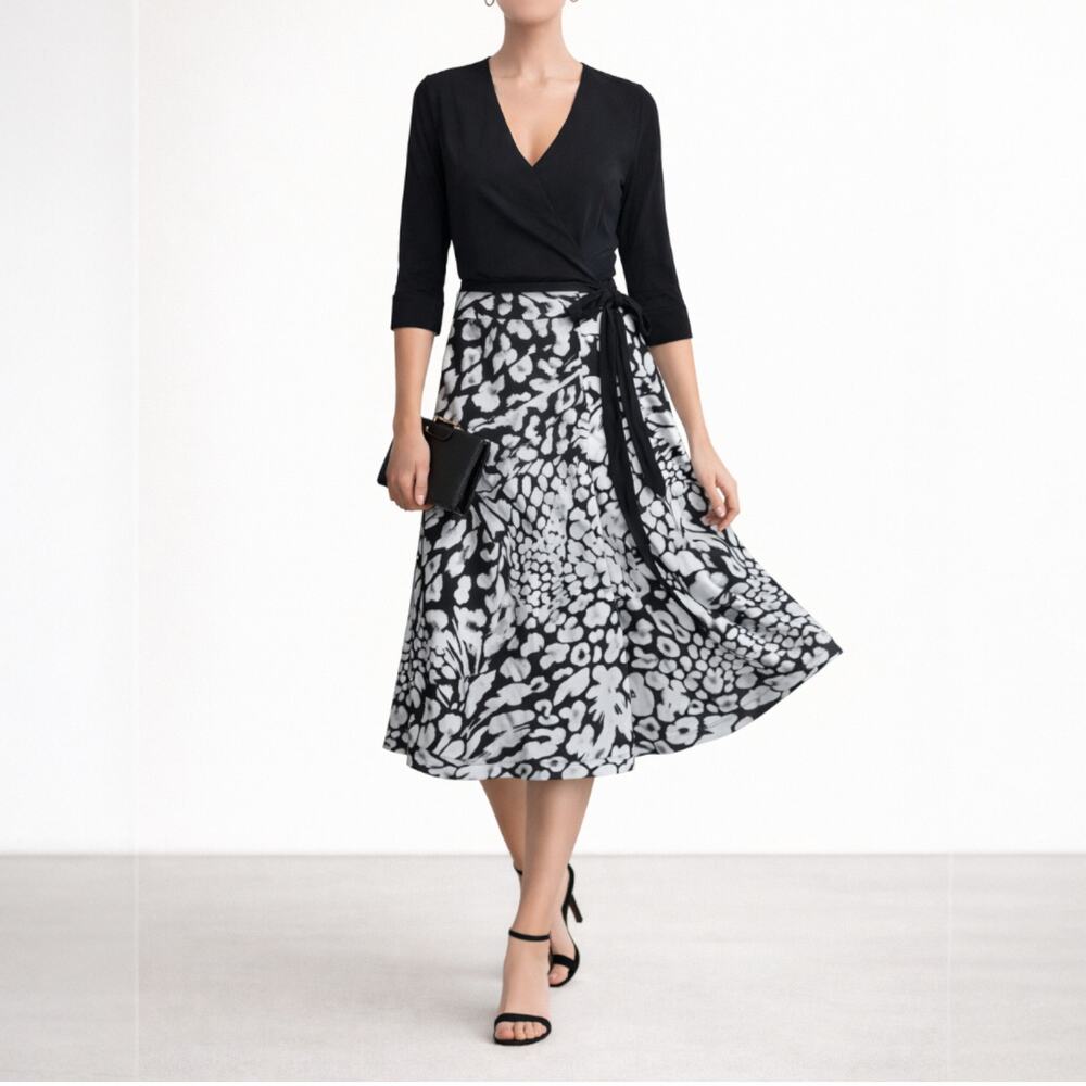 Diane‎ von Furstenberg DVF Amelia True Wrap Flare Dress Size 2 Black White Print